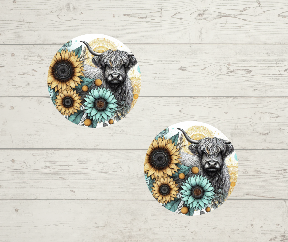 Teal and Yellow Higland cow - Car Coasters